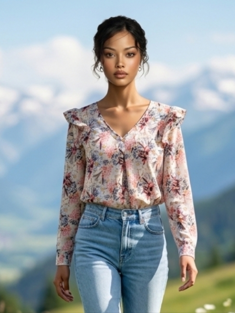 Shein Floral Print Ruffled Blouse Size Large